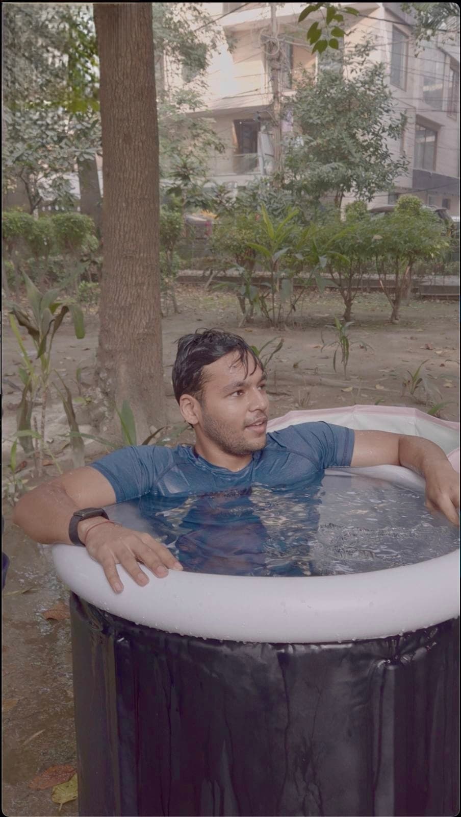 A runner in an ice plunge tub